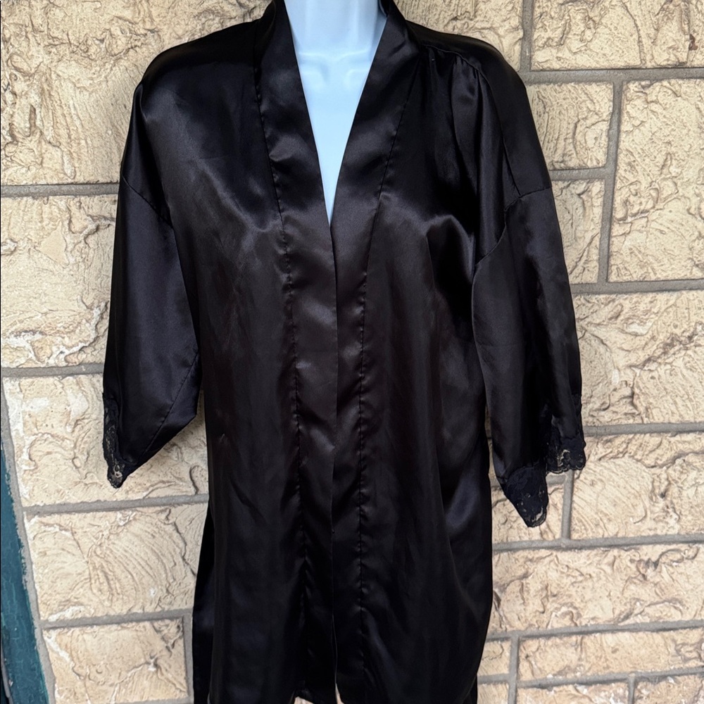 Frederick's of Hollywood Black Satin Trench Coat Cover up Size Small Robe y2k